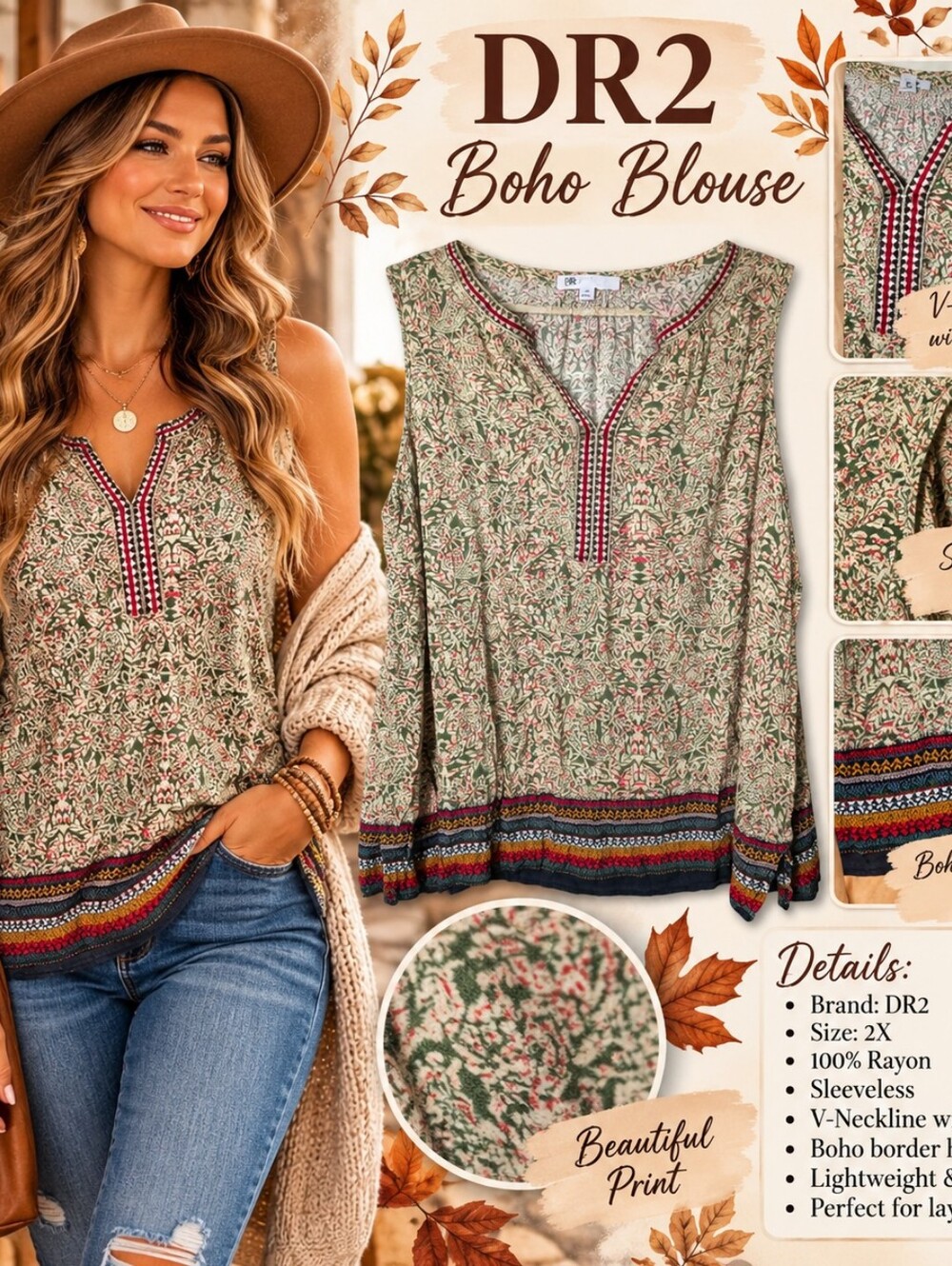 DR2 Boho Printed Blouse - Green, Cream